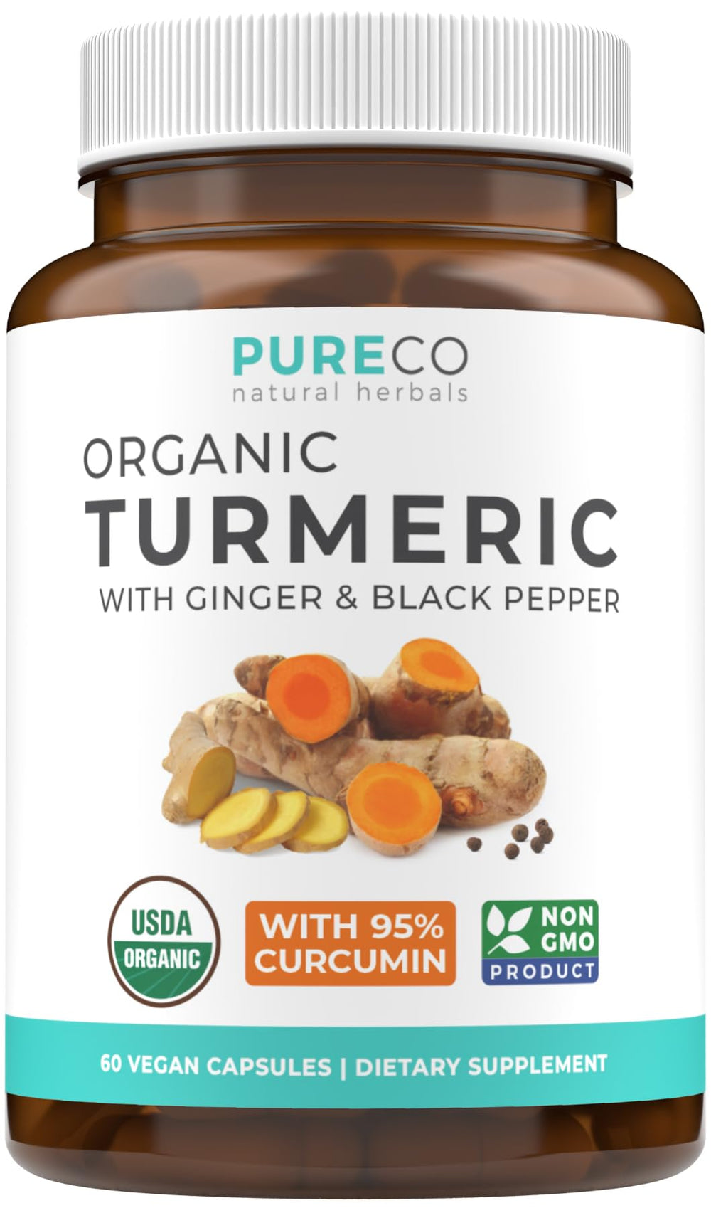 Pure Co turmeric-ginger-capsule bottle offers convenient daily wellness support
