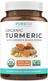Pure Co turmeric-ginger-capsule bottle offers convenient daily wellness support