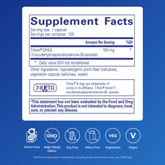 Pure Encapsulations 7-Keto DHEA 100 mg bottle label highlights premium ingredients.