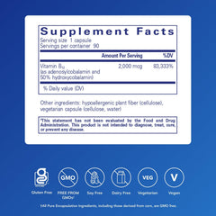 Pure Encapsulations Adenosyl/Hydroxy B12 capsule close-up highlights vegan formula for energy and nerves.