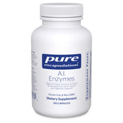 Pure Encapsulations A.I. Enzymes bottle label highlighting vegan, hypoallergenic formula for digestive support