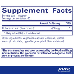 Pure Encapsulations Alpha Lipoic Acid 400 mg capsules shown for easy daily use