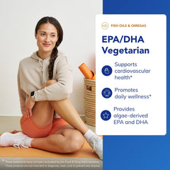 Algae-derived omega-3 bottle label emphasizing vegan source and purity.