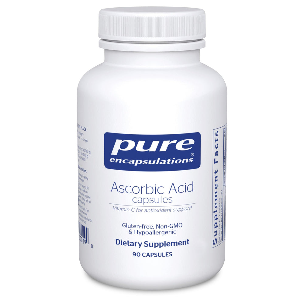 Pure Encapsulations ascorbic acid bottle front shows high potency vitamin C for daily antioxidant support.
