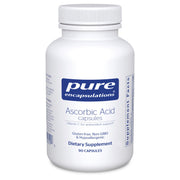 Pure Encapsulations ascorbic acid bottle front shows high potency vitamin C for daily antioxidant support.