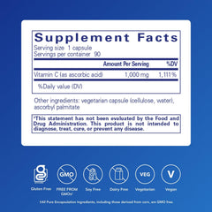 Pure Encapsulations ascorbic acid capsules close-up highlights easy to take daily immune support.