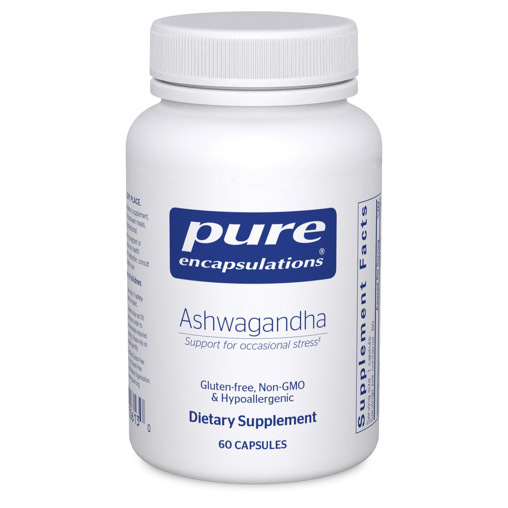 Pure Encapsulations Ashwagandha 500 mg bottle with vegan, GMO-free formulation