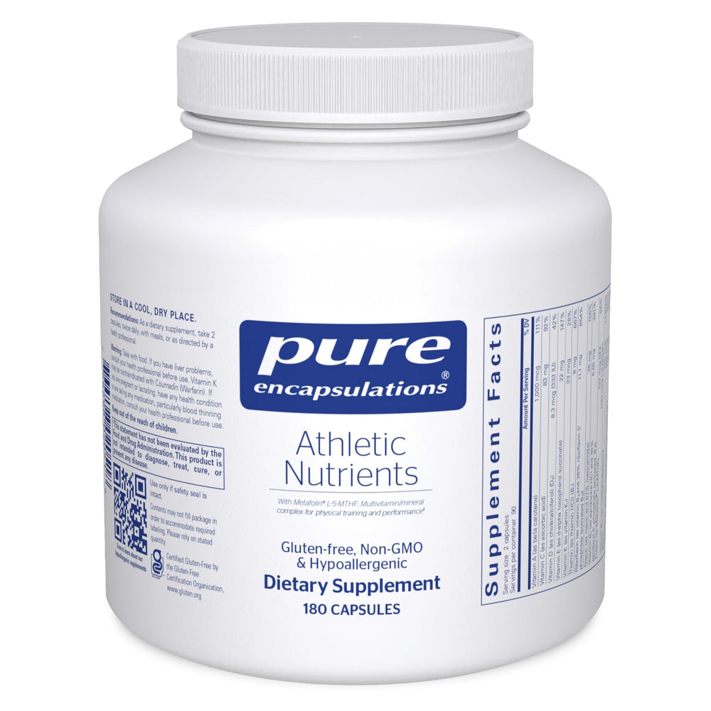 Pure Encapsulations Athletic Nutrients bottle front shows clean design and quality packaging for training support