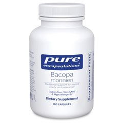 Pure Encapsulations Bacopa Monnieri bottle on a clean shelf for memory support.