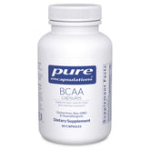 Pure Encapsulations BCAA capsules bottle; lean muscle support during training.