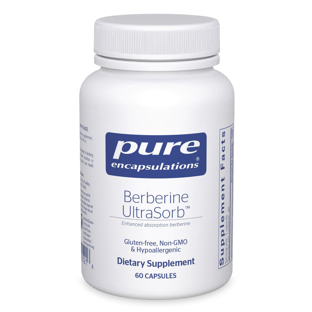Pure Encapsulations Berberine UltraSorb bottle emphasizes enhanced absorption for metabolic support.