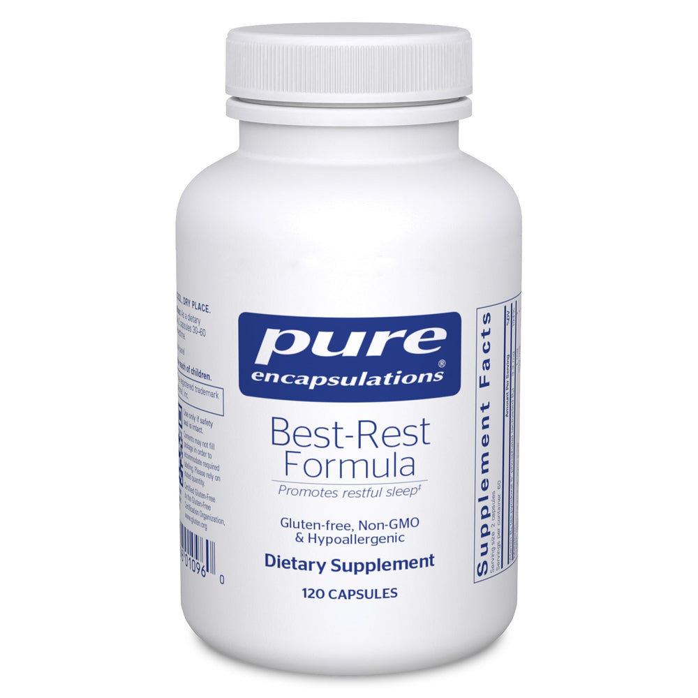 Pure Encapsulations Best-Rest bottle highlights non-GMO vegan sleep support at a glance.