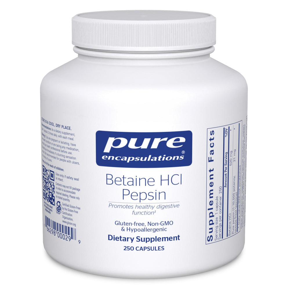 Pure Encapsulations Betaine HCl Pepsin bottle supports digestive function and nutrient absorption.