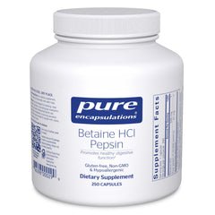 Pure Encapsulations Betaine HCl Pepsin bottle supports digestive function and nutrient absorption.
