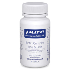 Pure Encapsulations Biotin Complex Hair bottle on countertop for healthy hair support