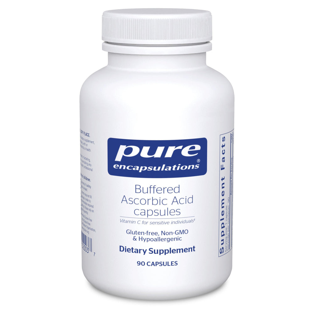 Pure Encapsulations Buffered Ascorbic Acid Capsules bottle showing neutral pH vitamin C for sensitive use.