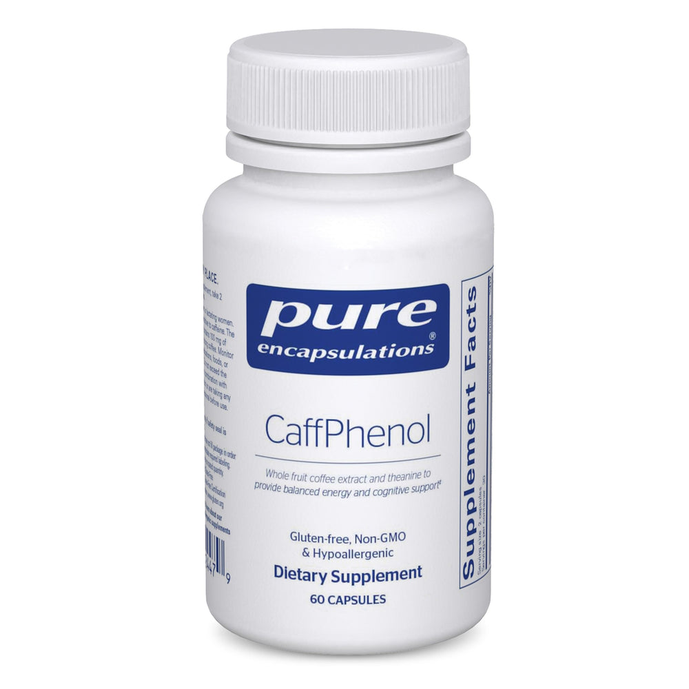 Pure Encapsulations CaffPhenol bottle and capsules on display for balanced energy.