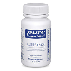 Pure Encapsulations CaffPhenol bottle and capsules on display for balanced energy.