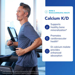 Calcium K/D bottle label detailing di-calcium malate with vitamins D and K.