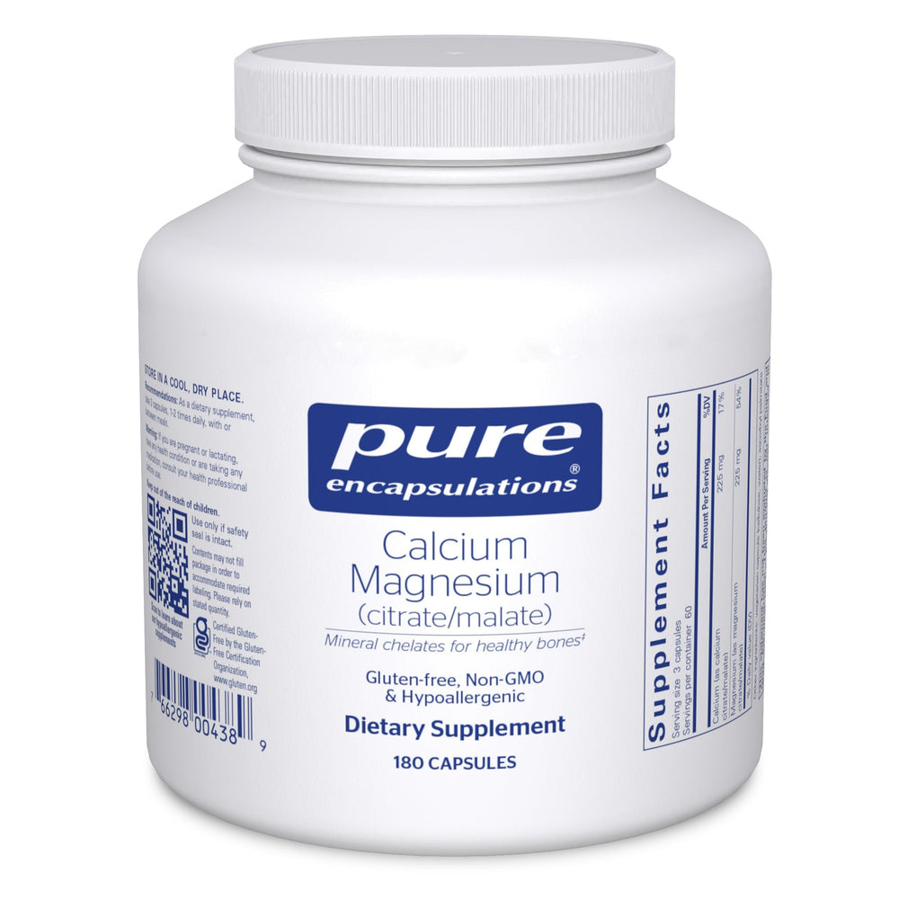 Pure Encapsulations calcium magnesium bottle with clear label, supporting bone and heart health.