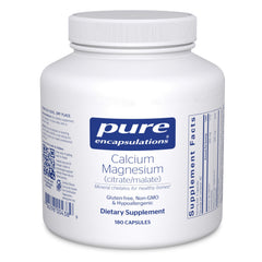 Pure Encapsulations calcium magnesium bottle with clear label, supporting bone and heart health.