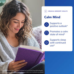 Close-up of Calm Mind label highlighting gluten-free and non-GMO.