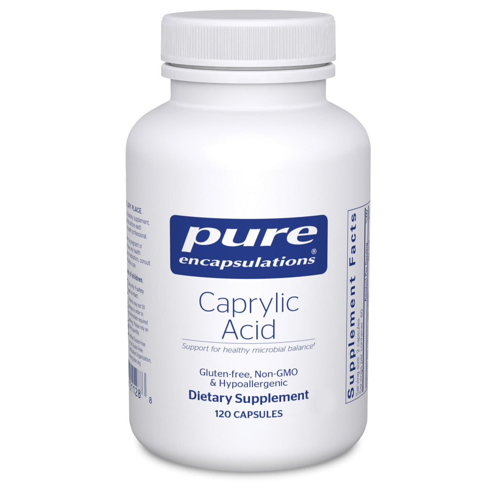 Pure Encapsulations Caprylic Acid bottle shown, supporting gentle GI balance and digestive comfort.