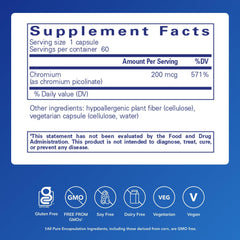 Chromium Picolinate 200 mcg label highlights premium hypoallergenic formulation