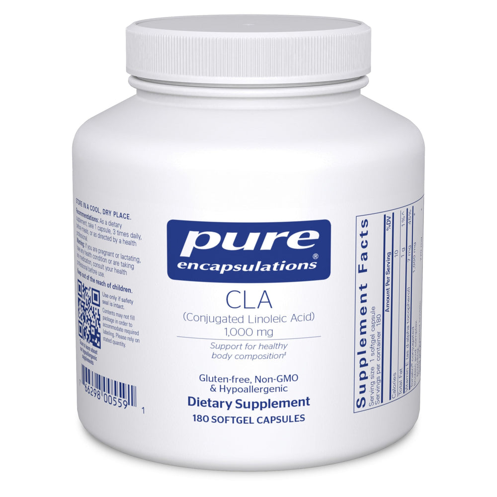 Pure Encapsulations CLA 1000mg bottle with softgels supports healthy body composition with exercise.