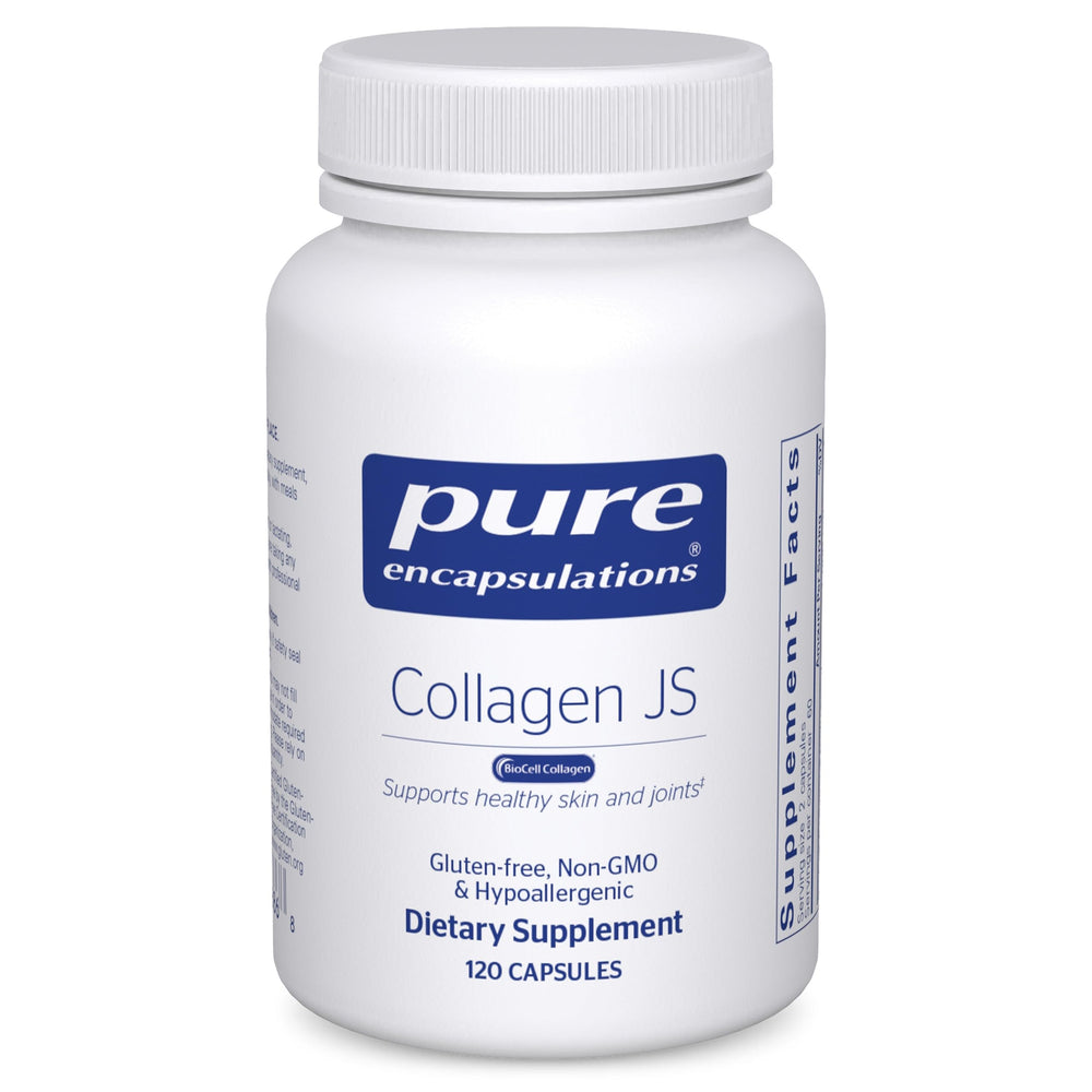 Pure Encapsulations Collagen JS bottle shown for joint and skin support.