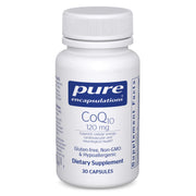 Pure Encapsulations CoQ10 120 mg bottle highlighting heart health support and cellular energy.