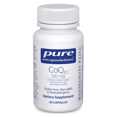 Pure Encapsulations CoQ10 120 mg bottle highlighting heart health support and cellular energy.
