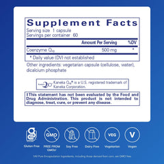 Pure Encapsulations CoQ10 500 mg bottle label detail highlighting purity