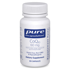 Pure Encapsulations CoQ10 60 mg bottle closeup for daily energy support.