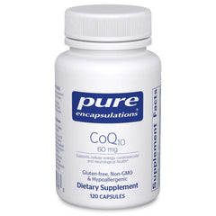 Pure Encapsulations CoQ10 60 mg bottle front view highlighting energy support