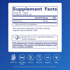 Pure Encapsulations CoQ10 60 mg bottle side view detailing ingredients