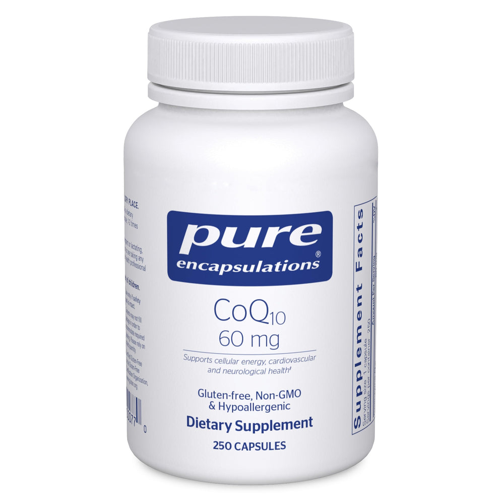 Pure Encapsulations CoQ10 60 mg bottle with clear label for energy support.