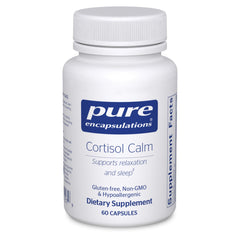 Pure Encapsulations Cortisol Calm bottle on shelf for stress support.