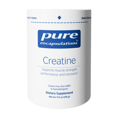 Pure Encapsulations creatine bottle label highlights allergen-free formula for workouts