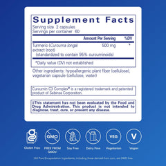 Closeup of Pure Encapsulations Curcumin capsules emphasizing vegan, non-GMO formula