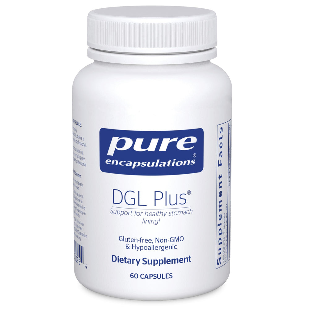 Pure Encapsulations DGL Plus bottle and capsules for daily digestion support.