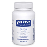 Bottle of Pure Encapsulations DHEA 10 mg on shelf suggests hormonal balance.