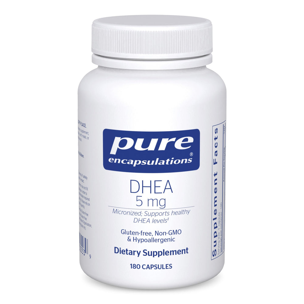 Pure Encapsulations DHEA 5mg micronized capsules bottle highlights high absorption for hormone balance.