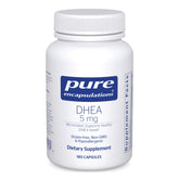 Pure Encapsulations DHEA 5mg micronized capsules bottle highlights high absorption for hormone balance.