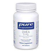 Pure Encapsulations DHEA 5mg micronized capsules bottle highlights high absorption for hormone balance.