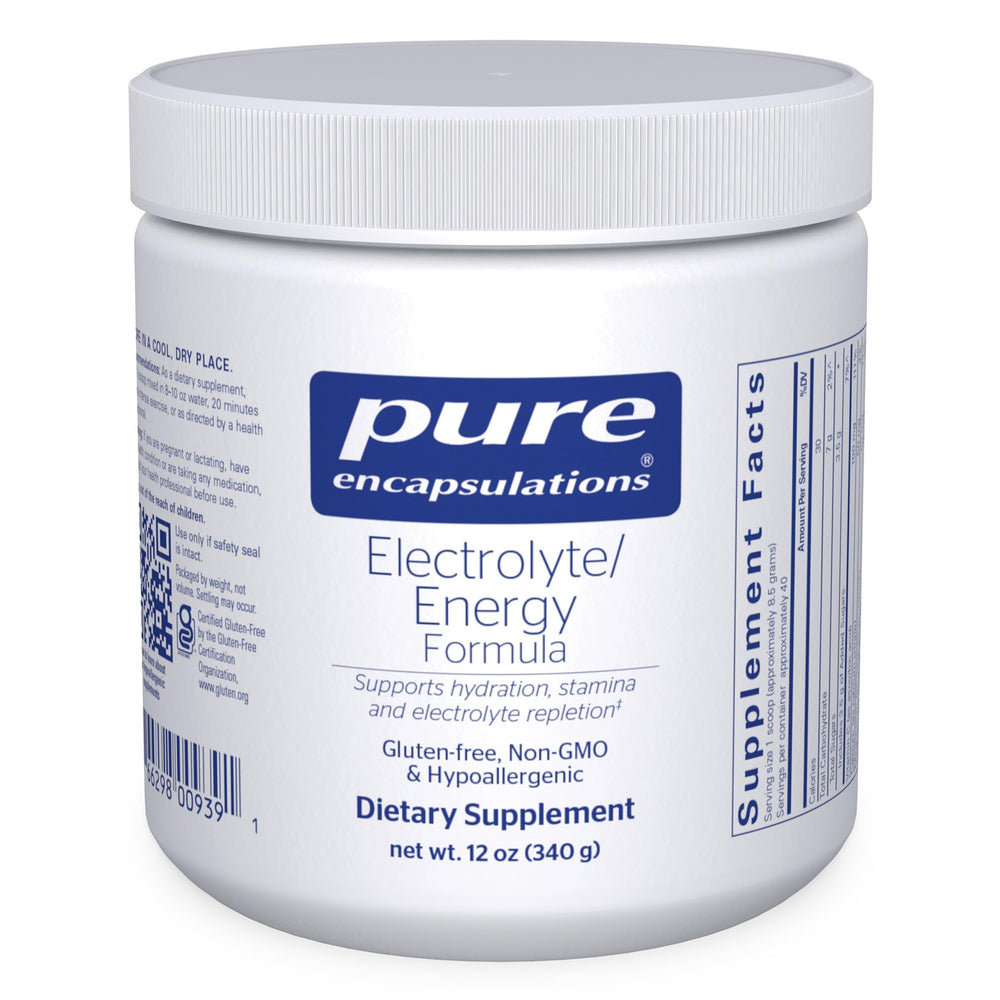 Pure Encapsulations Electrolyte/Energy Formula bottle closeup supports hydration during workouts.
