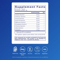 Pure Encapsulations Essential Amino Acids bottle back lists ingredients and allergen-free qualities.