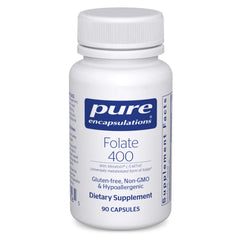 Pure Encapsulations Folate 400 bottle front shows premium, contaminant-free formulation for daily support.