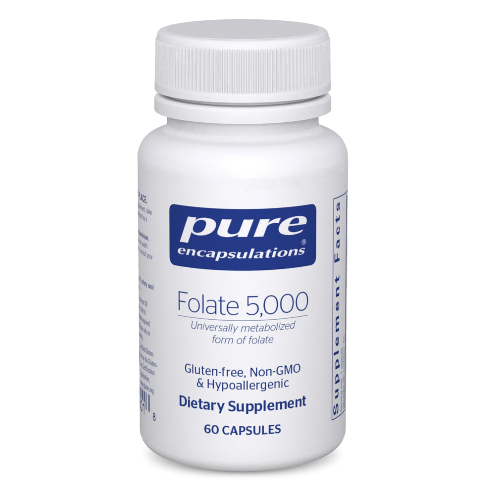 Pure Encapsulations Folate 5,000 bottle highlighting Metafolin 5-MTHF for cellular support