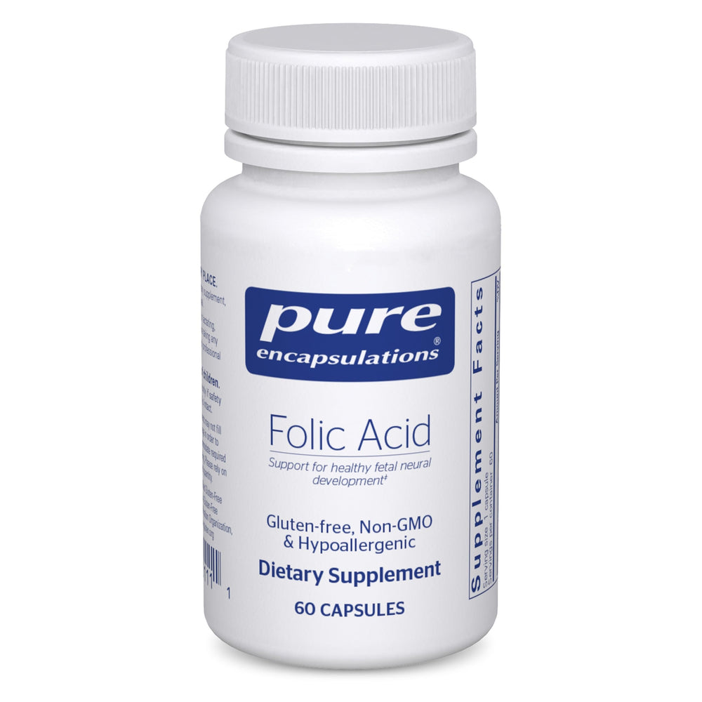 Pure Encapsulations Folic Acid bottle closeup for daily hypoallergenic support.